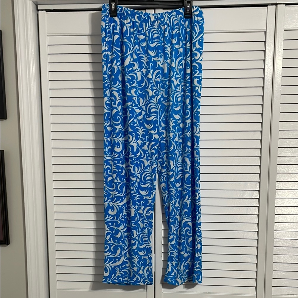 Blue and White Floral Comfy Casual Stretchy Pants with pockets size XL